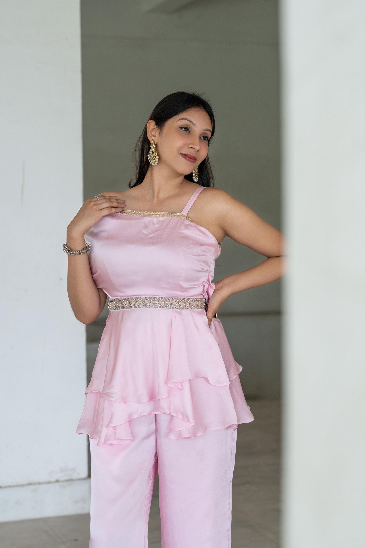 Blush Pink Georgette Satin Peplum Set