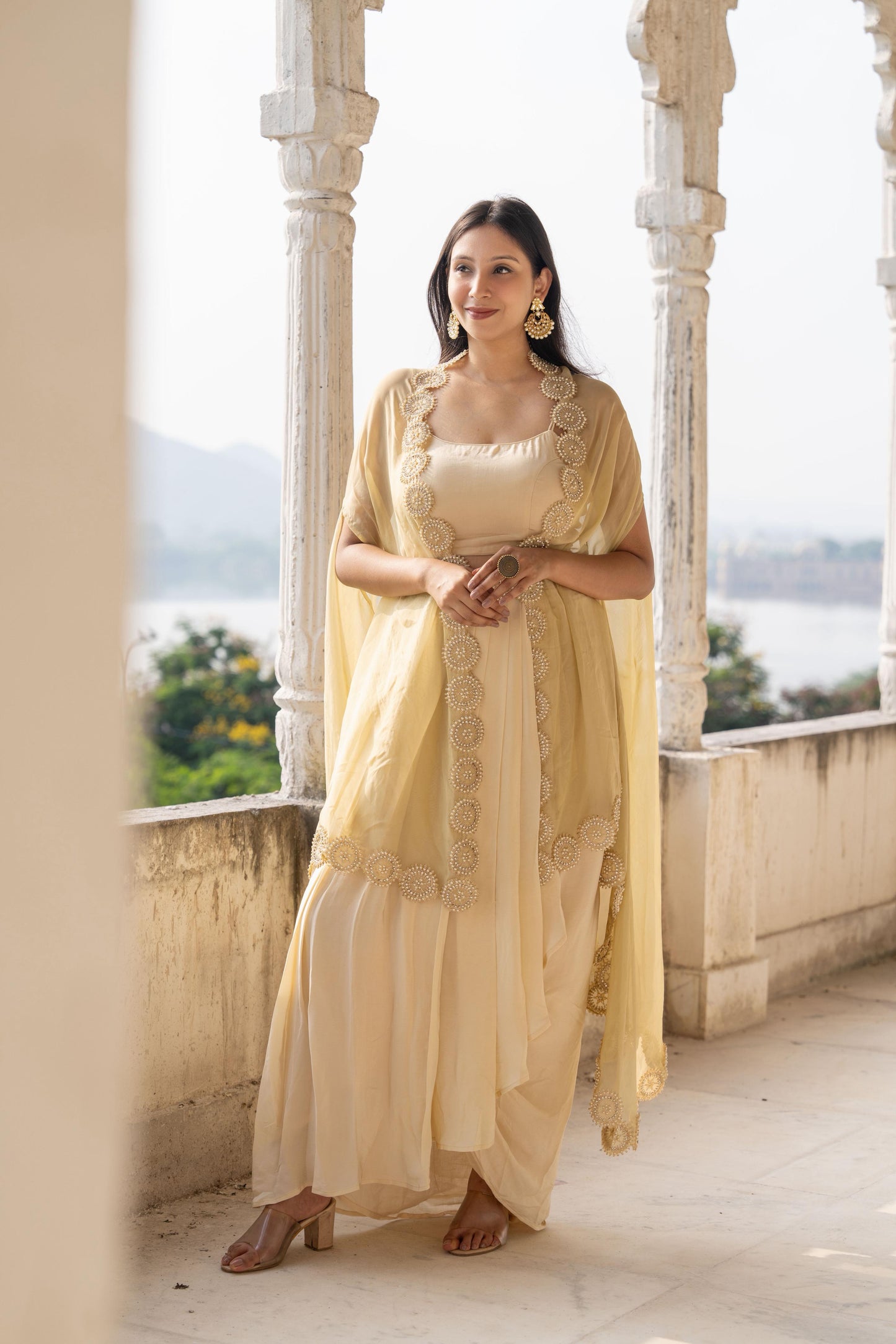 Saanjh - A Designer Ivory Draped Dhoti Skirt Set