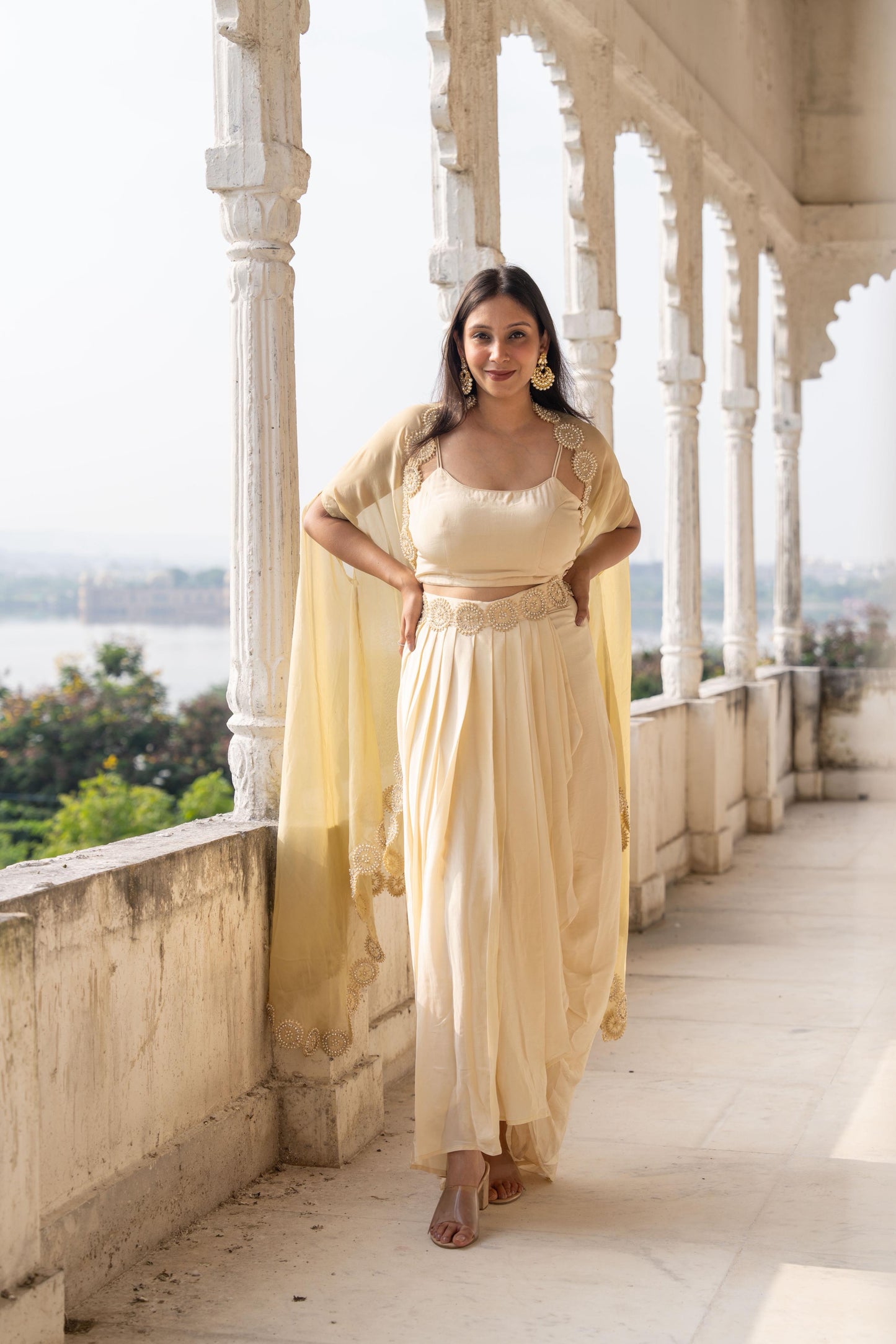 Saanjh - A Designer Ivory Draped Dhoti Skirt Set