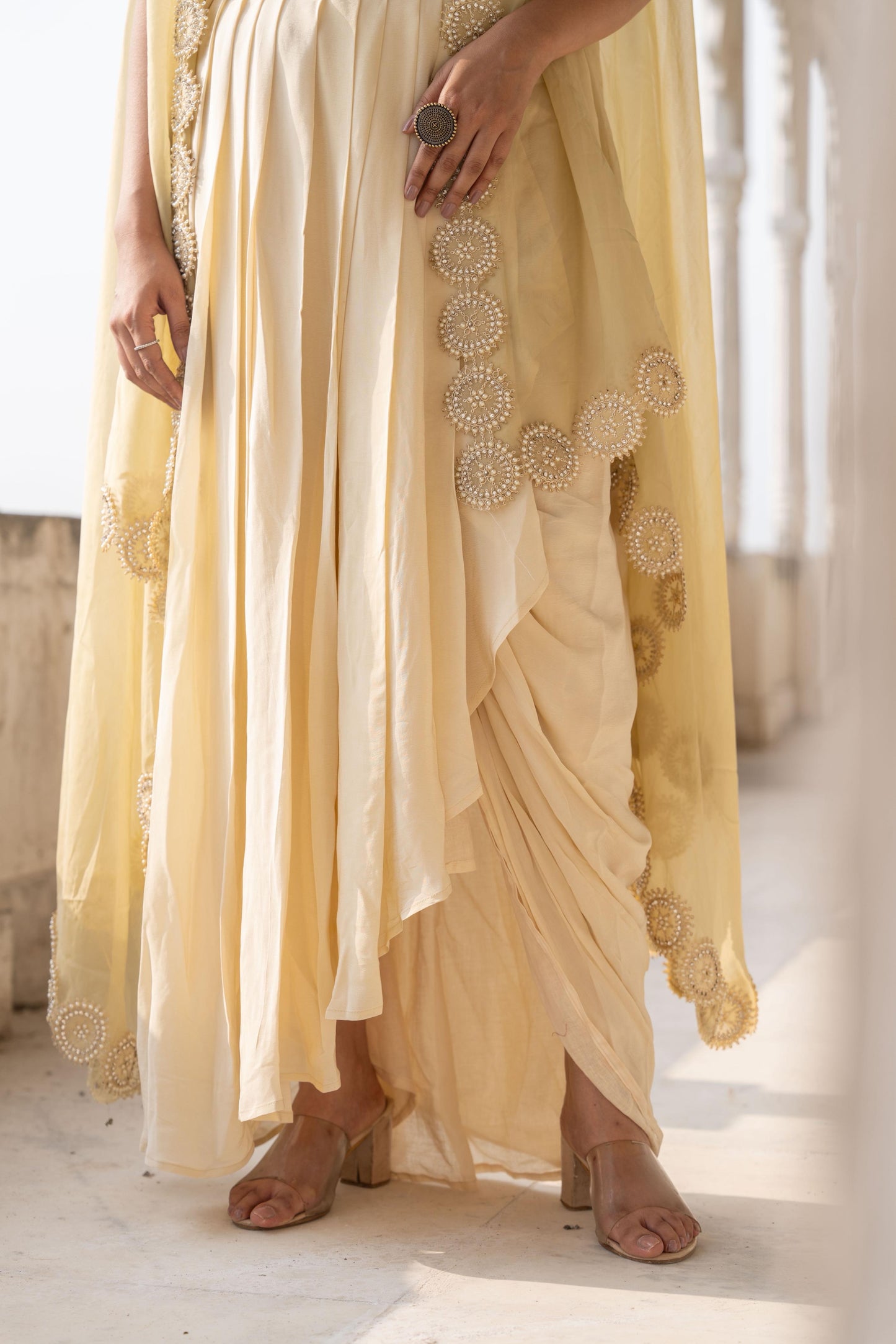 Saanjh - A Designer Ivory Draped Dhoti Skirt Set