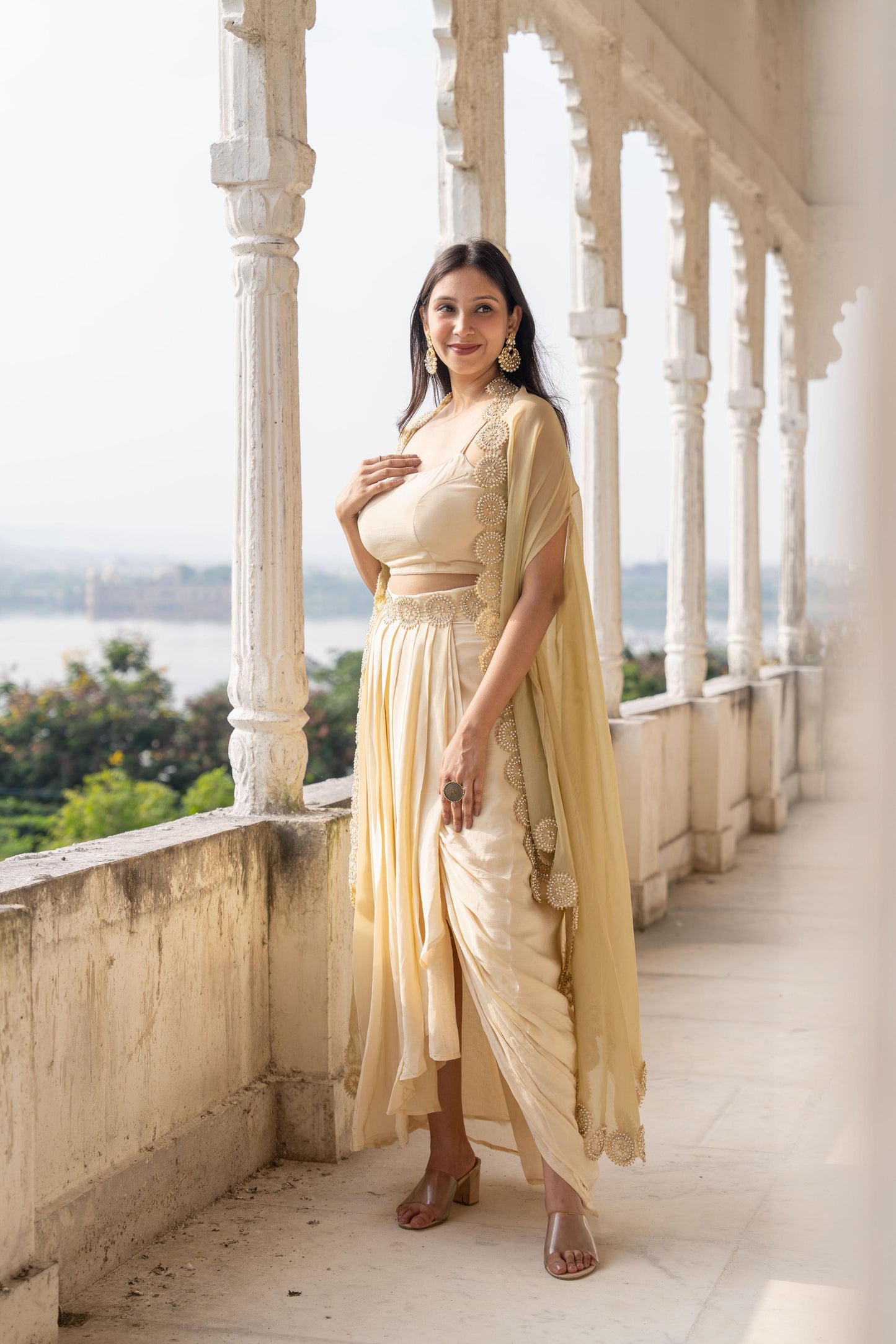 Saanjh - A Designer Ivory Draped Dhoti Skirt Set