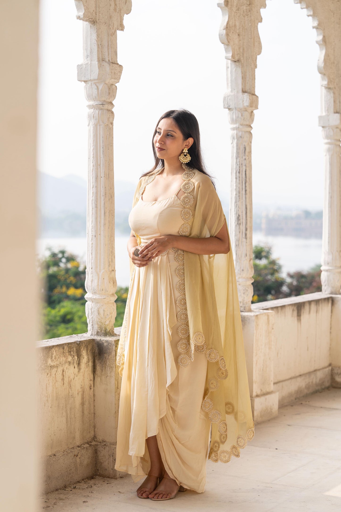 Saanjh - A Designer Ivory Draped Dhoti Skirt Set