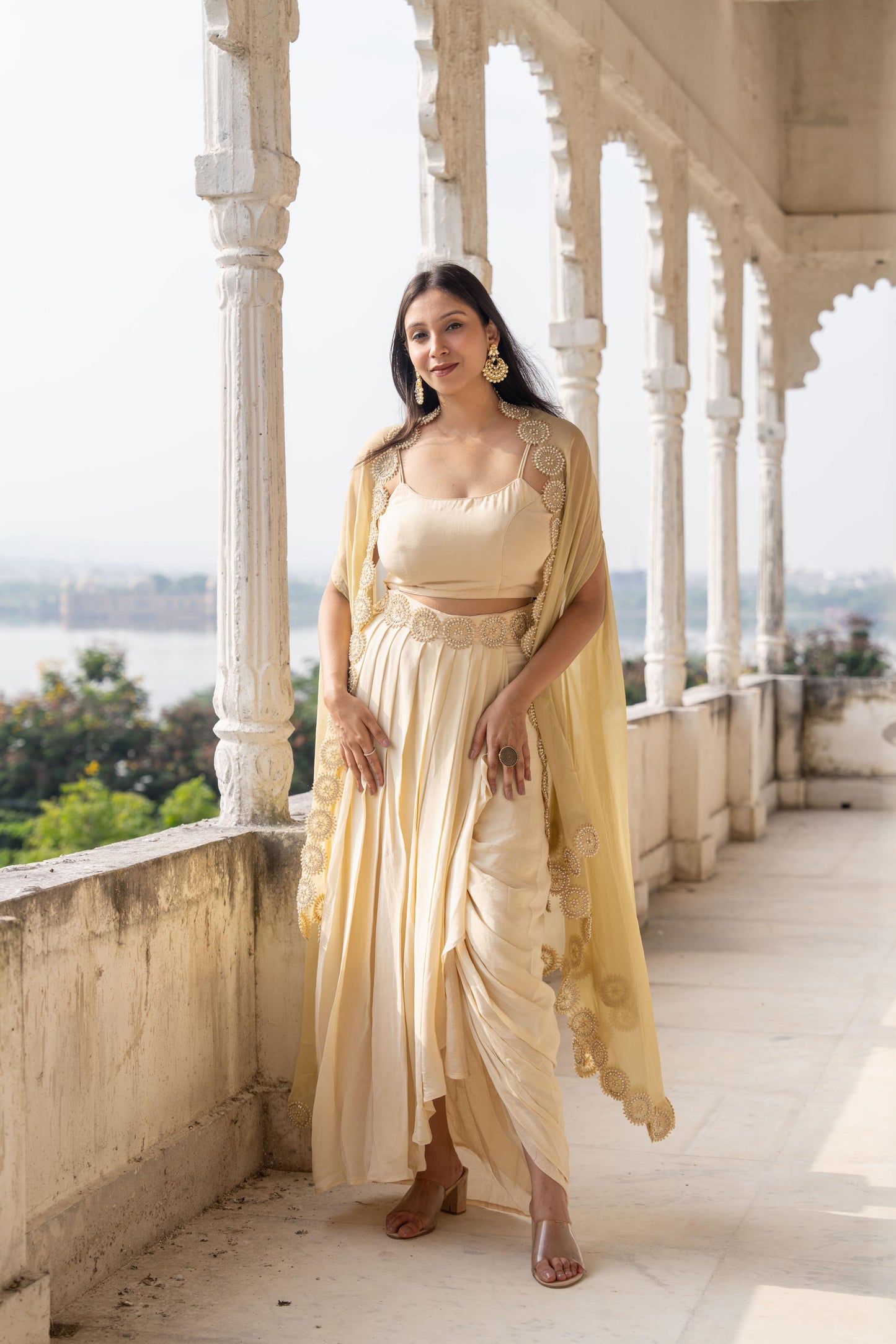 Saanjh - A Designer Ivory Draped Dhoti Skirt Set
