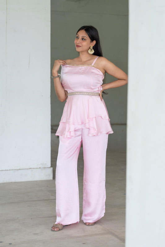 Blush Pink Georgette Satin Peplum Set