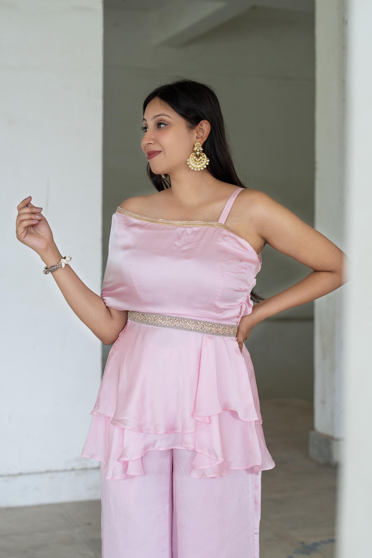 Blush Pink Georgette Satin Peplum Set